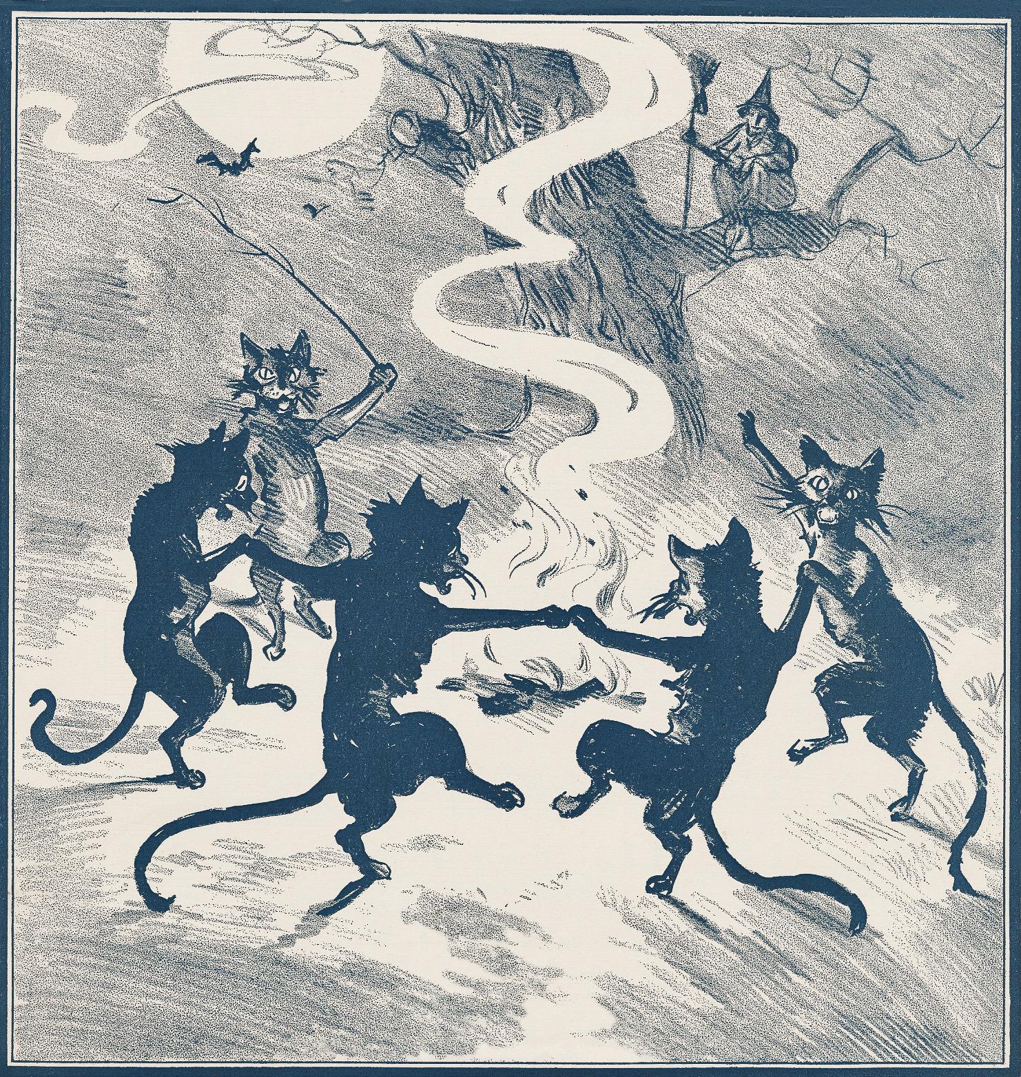 Drawing of cats dancing around a fire